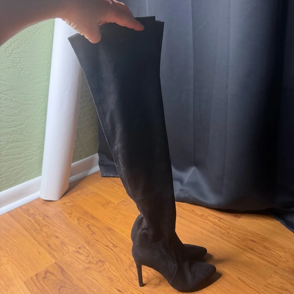 Joie Faux Suede Black High Over The Knee Heel Boots 36 High Heeled Shoes Zipper
